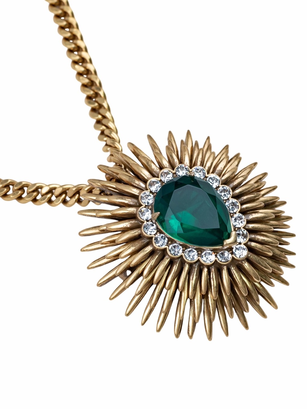 Gold-Tone Sunburst Necklace with Emerald Green Teardrop Stone
